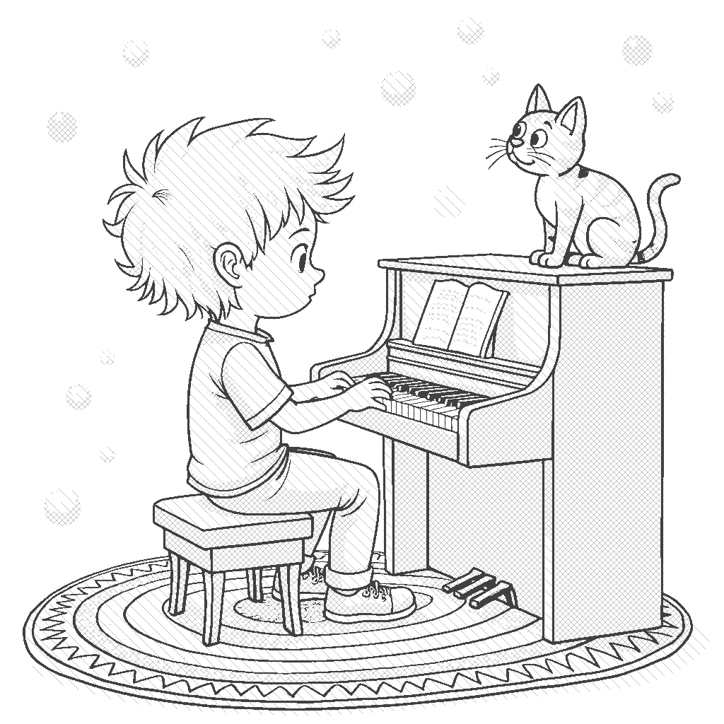 Coloring Page: Piano Dreams - A child sitting on a colorful rug, playing a bright red piano with their pet cat curiously watching the keys.