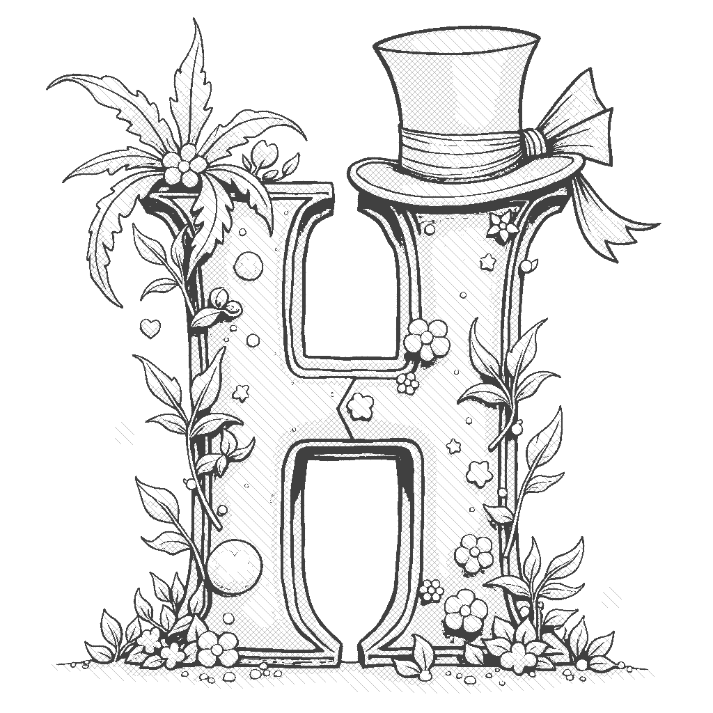 Coloring Page: H and Hat - A bold letter H with a stylish top hat perched on it, decorated with a colorful ribbon.