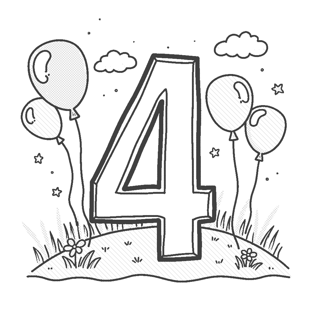 Coloring Page: Number 4 with Four Balloons - Create a scene with the number 4 and 4 colorful balloons floating happily in the air.