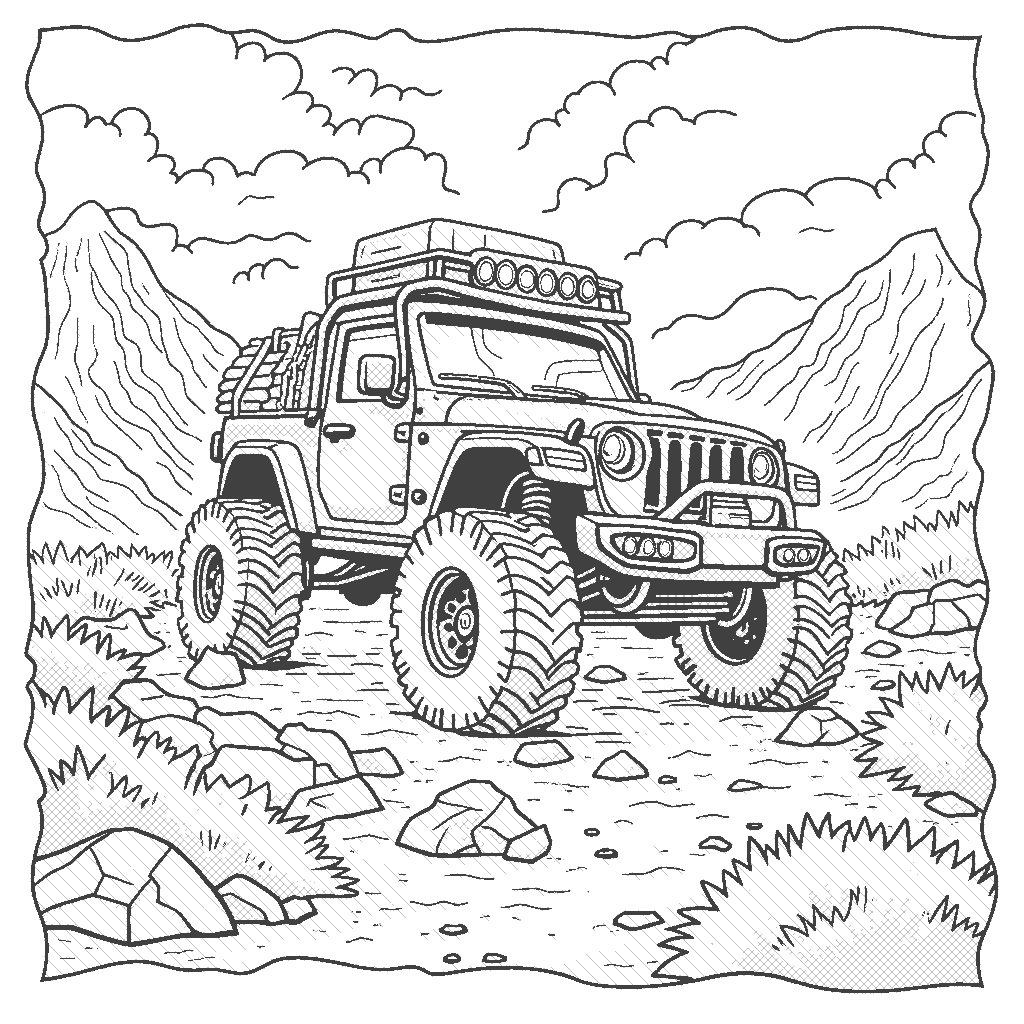 Coloring Page: Mountain Adventure - A rugged off-road truck climbing a rocky mountainous terrain, with detailed pine trees and a blue sky filled with fluffy white clouds.