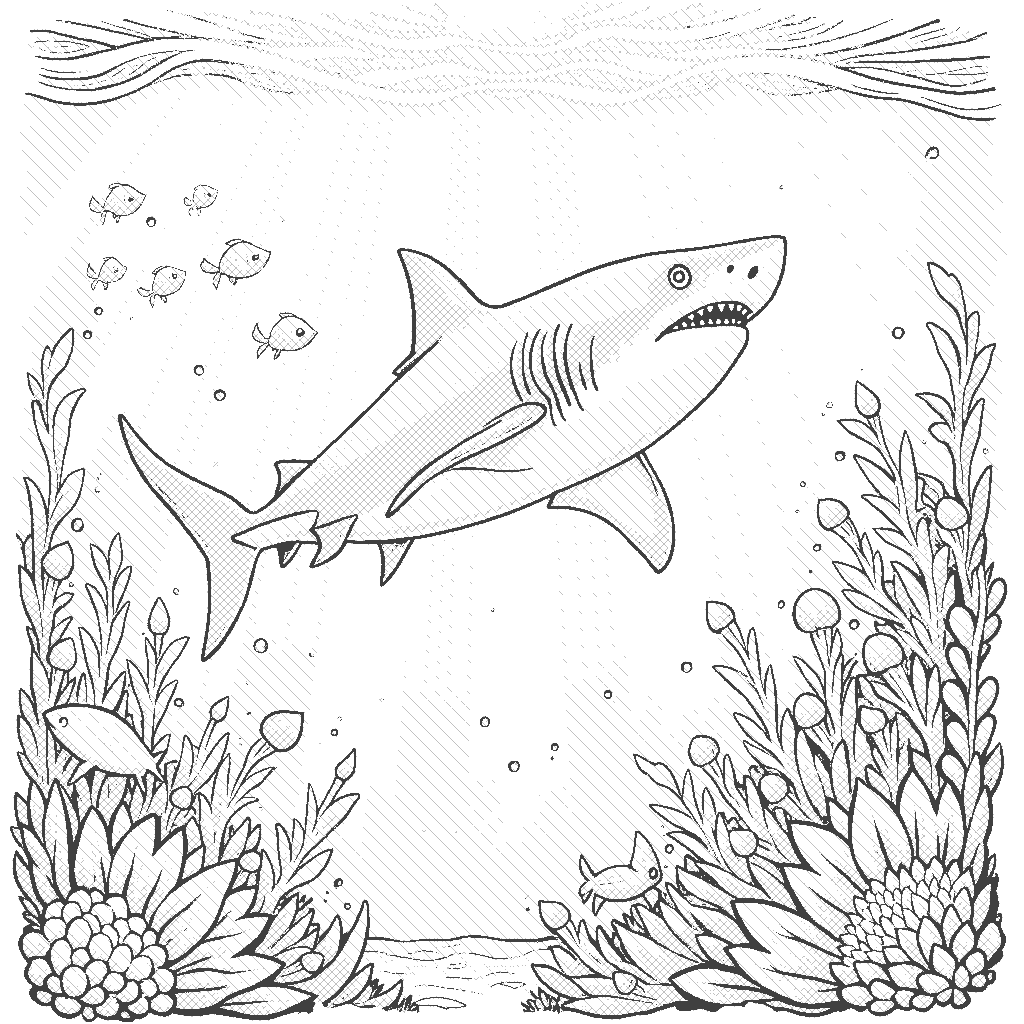 Coloring Page: Shark and Sunlight - A sleek shark swimming gracefully through beams of sunlight that pierce the ocean surface, with a school of fish shimmering nearby, creating a dynamic underwater dance.