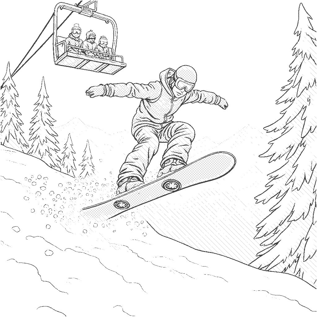 Coloring Page: Snowboarder on a Winter Adventure - A fearless snowboarder zooms down a snowy mountain, performing tricks in mid-air. Snowflakes swirl around as friends cheer from the ski lift above, enjoying the beautiful winter landscape with pine trees and a bright blue sky.